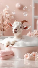 Wall Mural - A goat in a whimsical bath with colorful bubbles and playful accessories, set in a luxurious and cheerful bathroom.