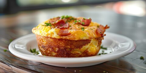 Canvas Print - Egg muffin with bacon and cheese presented on a light-colored plate