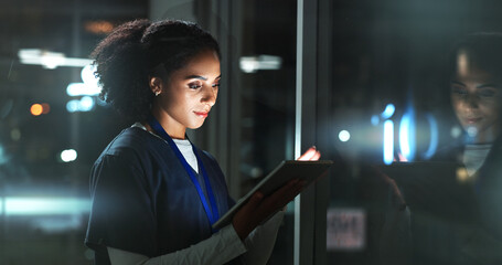 Poster - Night, woman and nurse with tablet, online reading for schedule and digital app for results. Typing, medical or professional with tech, evening and website info with telehealth, email or connection