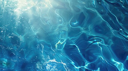 Abstract summer banner background with clear dark blue water surface texture and ripples, splashes, and sunlight reflections, suitable for cosmetic products.