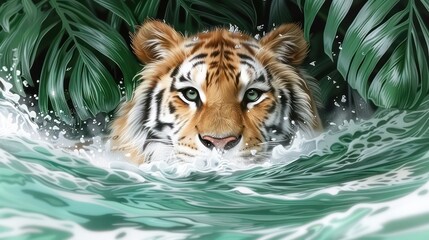 A majestic tiger emerging from water surrounded by lush green foliage.