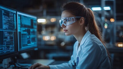 female engineer coding and analyzing data for control systems in robotic machinery manufacturing focused on industrial innovation and automation