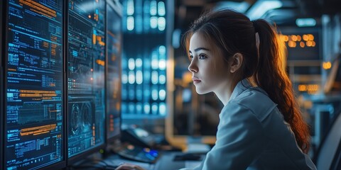 female engineer working on system control and coding for robotic machinery in industrial manufacturing innovation focused on automation technology