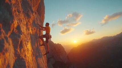 sunset rock climbing scene with a young male adventurer, showcasing extreme sports and a risk lifestyle in the context of a beautiful mountainous environment