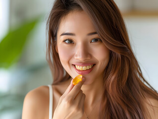 Asian smiling woman holding and showing two small yellow softgels