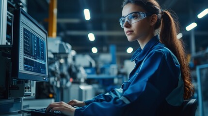 engineer or technician working on coding and analyzing data, with a focus on controlling robotic machinery and driving innovation in a manufacturing context