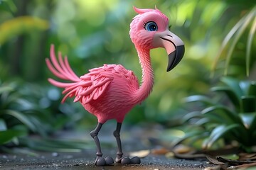 Cute Cartoon Flamingo Bird in Green Foliage