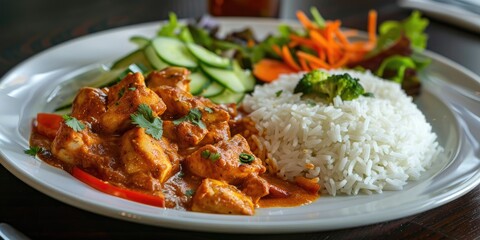 Canvas Print - Bistro Unique Chicken Dish Featuring Spicy Tikka Masala Sauce, Accompanied by Rice, Sliced Vegetables, and a Green Salad