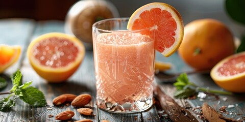 Wall Mural - Fruit Smoothie Featuring Grapefruit, Banana, and Almond Served in a Glass on a Surface