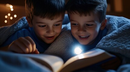 two boys reading a book under a blanket with a flashlight. The light from the flashlight illuminates the page in front of them. They look happy and excited. Halloween Day concept