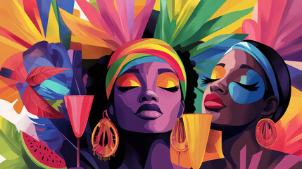 Two women with vibrant face paint and colorful headdresses, enjoying a festive celebration with tropical and geometric elements in the background.