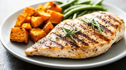 Canvas Print - Grilled Chicken Breast with Roasted Sweet Potatoes and Green Beans