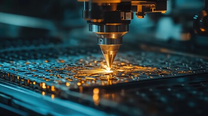 Poster - A laser cutting machine precisely working on a metal sheet in an industrial setting.