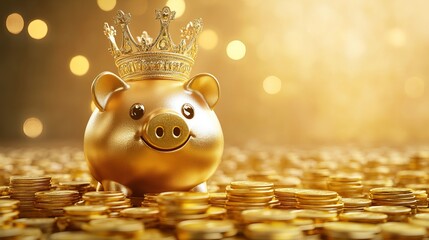 Aufkleber - 3D illustration of a gold piggy bank with a crown and gold coin stacks representing finance savings and investment concepts