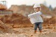 © Aleksandr - Little Architect Dreams Big Adorable Child in Hard Hat Reviews Blueprints at Construction Site