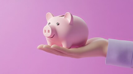 Aufkleber - 3D rendering of a cartoon businessmans hand holding a piggy bank against a light purple background symbolizing finance and money accumulation