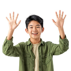 Poster - Portrait of a Smiling boy cheering with raised hands, isolated on white background