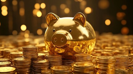 Aufkleber - 3D illustration of a gold piggy bank with gold coin stacks representing finance savings and investment concepts