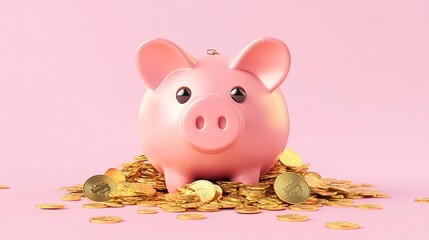 Aufkleber - 3Drendered piggy bank with a pile of gold coins depicted as a realistic vector illustration symbolizing banking and digital savings