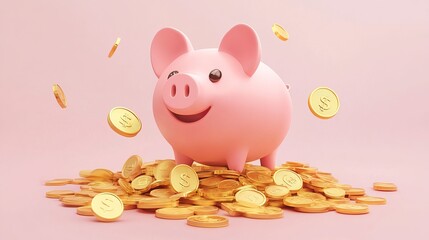 Aufkleber - 3Drendered piggy bank with a pile of gold coins depicted as a realistic vector illustration symbolizing banking and digital savings