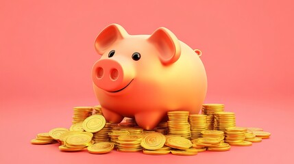 Aufkleber - 3Drendered piggy bank with a pile of gold coins depicted as a realistic vector illustration symbolizing banking and digital savings