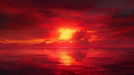 Wall Mural - A Vibrant Red Sunset Over a Calm Ocean