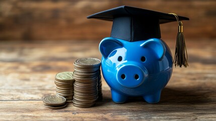 Aufkleber - A blue piggy bank with a graduation hat placed next to a stack of coins on a wooden background representing the concept of saving money for education