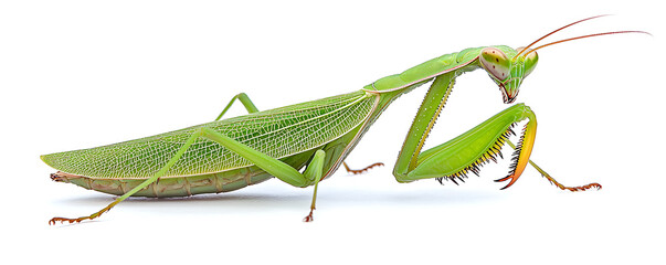 A close-up side view of a Giant Asian Green Praying Mantis (Hierodula membranacea) against a clean white background