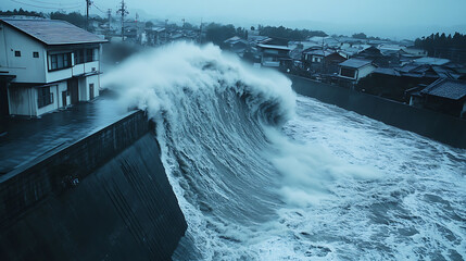 Wall Mural - The moment a tsunami wave breaches a sea wall meant to protect a coastal town