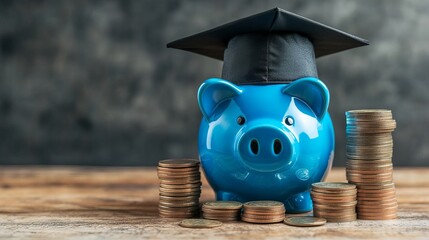 A blue piggy bank with a graduation hat placed next to a stack of coins on a wooden background representing the concept of saving money for education