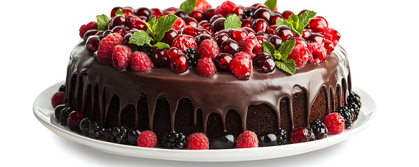  A delicious cake topped with an assortment of fresh berries, including raspberries, blackberries, and red currants