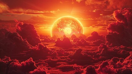 Wall Mural - A fiery planet rising through red clouds at sunset