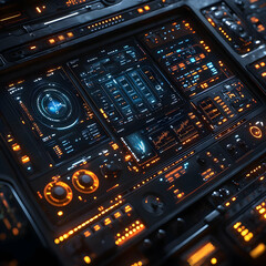 futuristic spaceship control panel with glowing buttons and screens 3d illustration