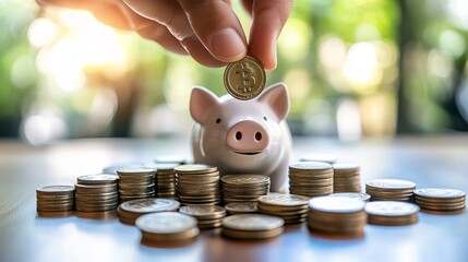 Fototapete - A hand placing a coin into a piggy bank accompanied by a pile of coins representing business investment finance and future savings concepts