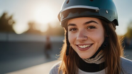 Young woman wearing helmet smiling at skate park