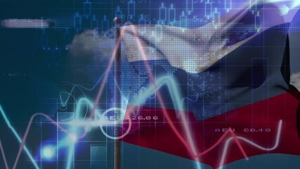 Poster - Financial data and stock market animation over waving russian flag background