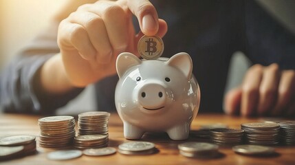 Aufkleber - Closeup of a mans hand putting a coin into a piggy bank symbolizing the concept of saving and depositing money