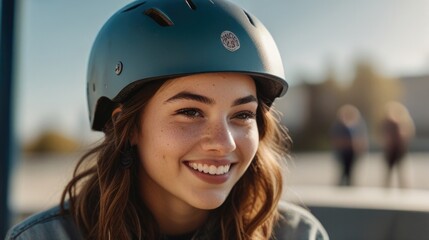 Young woman wearing helmet smiling at skate park