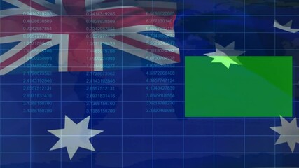 Sticker - Australian flag with financial data processing animation over blue grid background