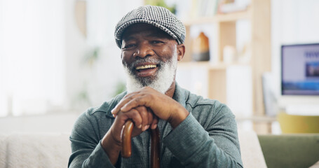 Poster - Elderly man, portrait and retirement in house for relax, peace and positive mood on weekend on sofa. Black person, face and happy in living room on couch for comfort, optimistic or rest with cane