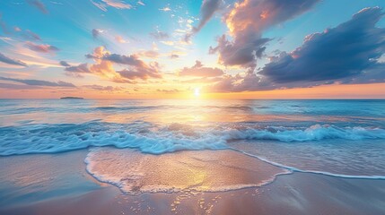 A Sunset Over a Calm Sea With a Small Island in the Distance