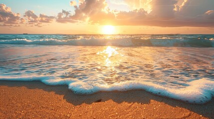 Wall Mural - Foamy Ocean Waves Crashing on a Sandy Beach at Sunset