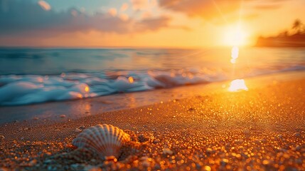 Wall Mural - Seashell on Sandy Beach at Sunset with Blurred Ocean