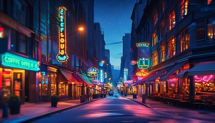 At night, neon lights flash on the city streets, showing prosperity and vitality, and coffee shops and leisure spaces are eye-catching.