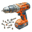 © นุชรี อังคะคำมูล - Close-up of a vibrant orange cordless drill with various screws and bolts on a clean surface, perfect for DIY projects.