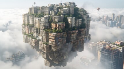 A floating urban structure amidst clouds, showcasing a blend of nature and architecture.