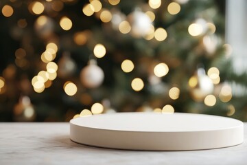 Empty christmas background. Christmas tree backdrop. Xmas holiday celebration blank pedestal. White table top in front, winter celebration bokeh effect. Happy New Year banner with generative ai