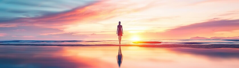 Canvas Print - Silhouette of a Person at Sunset on a Beach.