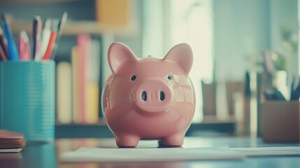 Aufkleber - Piggy bank surrounded by business items representing the concept of business and finance in a vintage color tone