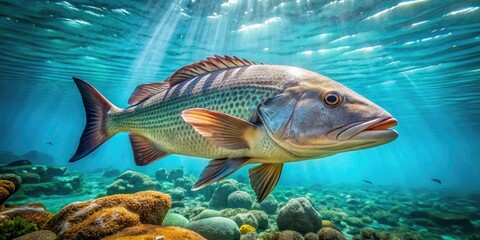 Wall Mural - A large, grayish-brown jewfish swims in the clear turquoise waters of the coral reef, its distinctive spots and vibrant stripes catches the sunlight filtering down.